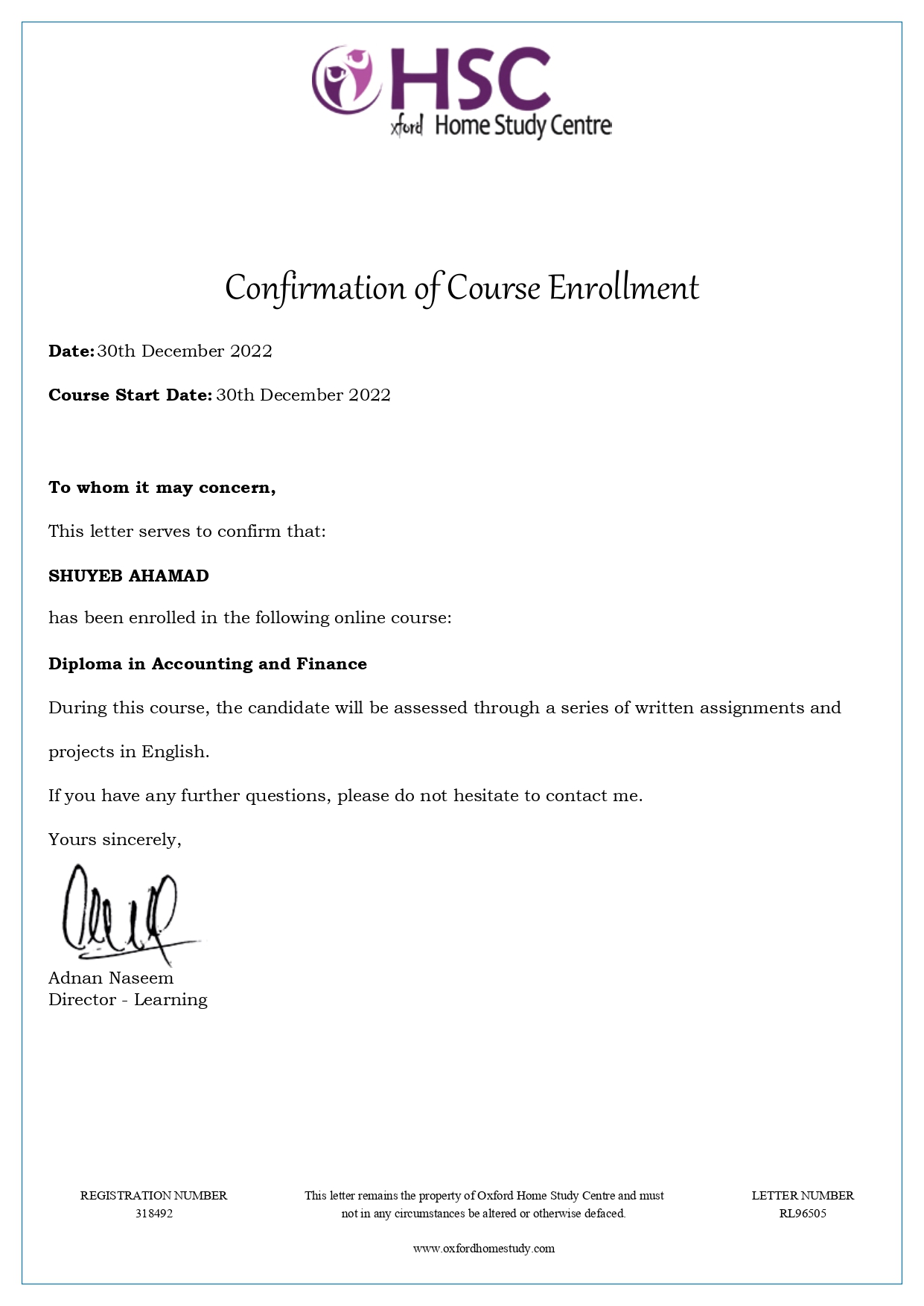 Confirmation of Course